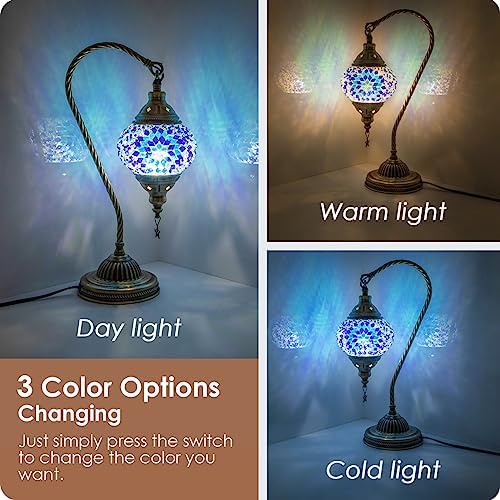 Yarra-Decor Turkish Moroccan Lamp with Bronze Base 3 Color Options Handmade Swan Neck Mosaic Glass Bedside Lamps for Bedroom (LED Bulb Included)(Blue2) - Image 2