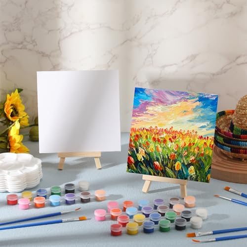 Qilery 36 Set 6 x 6 Inch Mini Canvas Boards with Easel Painting Kit, Acrylic Paints Strips, Brushes, Palette, Oil Art Set for Acrylic Birthday Party Favors - Image 4