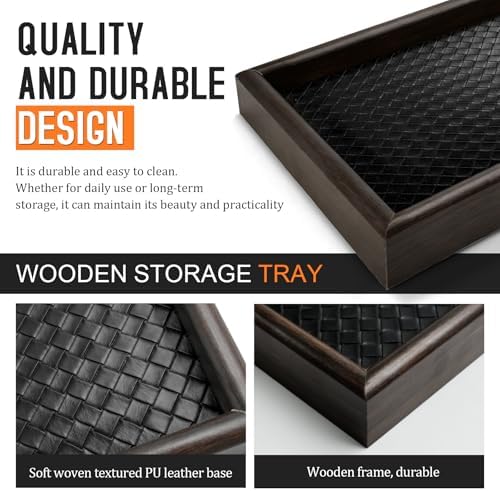 Wooden Valet Tray Desk Organizer with Leather Base,Nightstand, Entryway Bedside Dump Holder for Wallets, Keys, Watches, Jewelry & Sunglasses - Image 2