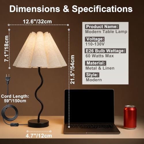 Pleated Table Lamp, Modern Bedside Lamp with Wavy Scalloped Shade (Black) - Image 2