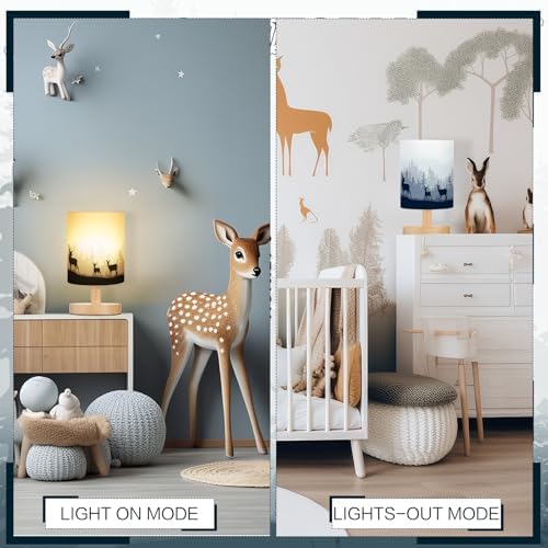 VIHOSE Bedside Table Lamp Table Lamp Vintage Nightstand with Linen Fabric Shade Solid Wood Base Decoration for Kids Living Room Bedroom Desk Dorm(Watercolor Forest Deer,Green) - Image 4