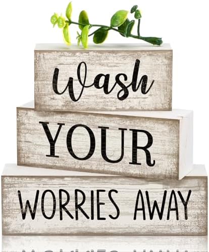 Moucuny 3 Pcs Laundry Room Decor Wood Block Signs Wash Your Worries Away by Moucuny