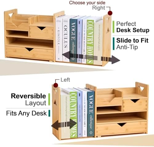 Pandorama Bamboo Desk Organizer Medium - Drawers & Adjustable File Holder, Fully Assembled Wood Desktop Storage for Kitchen, Bedroom, Bathroom, Study Room - Image 3
