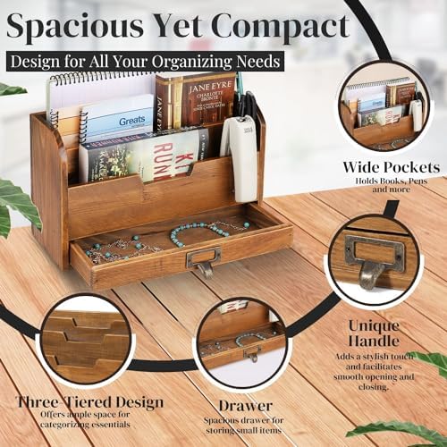 Flexzion 3 Tier Wooden Desk Organizer - Country Rustic Compartments Slot File Tray Pencil Sorter Shelf Holder Supplies Rack Accessories Set with Storage Drawer for Desktop Tabletop Office Home Brown - Image 4