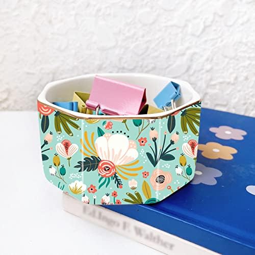Ceramic Paper Clip Holder Gold Line Paper Clip Dispenser Organizer for Desk Cute Floral Pattern Office Binder Clip Holder Bobby Pin and Hair Clip Holder Gift for Office Mint Flowers - Image 2