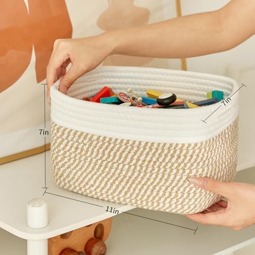 R RUNKA Small Cotton Rope Basket – Storage Bin for Organizing (10.6" x 6.7" x 6.7"), Bathroom Storage Basket for Shelf, Counter & Closet（White & Mixed Camel） - Image 2