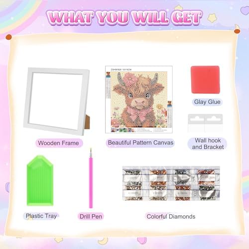 GHHKUD Highland Cow Diamond Art Painting Kits for Adults with Frame, Diamond Art Animals Crafts for Ages 4-6-8-12, Easy to DIY Gem Painting Gifts Home Wall Deco 15x15cm (Beautiful Packages) - Image 7
