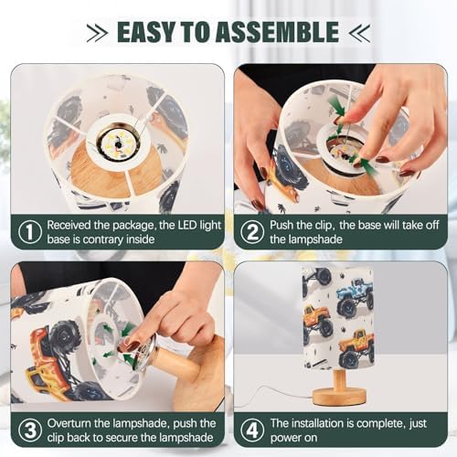 Bedside Lamp Monster Trucks White Lamp for Girls Boys Bedroom, Table Lamp with USB Port, Kids Nightstand Lamp Wood Base Room Desk Lamp (LED Bulb Included) - Image 5