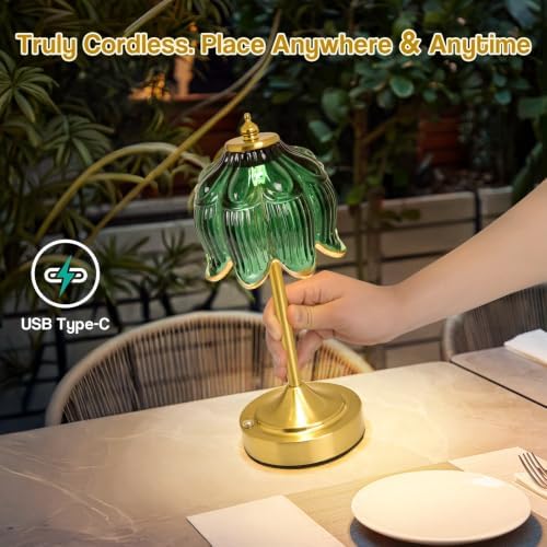 Cordless Table Lamp, Rechargeable Dark Green Glass Lotus Flower Lamp - Image 2