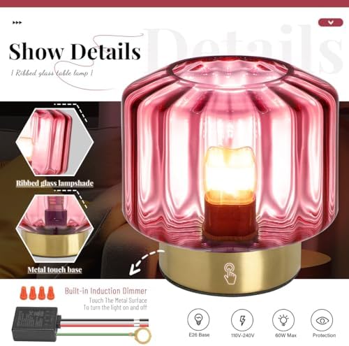 touch Table lamp Gold table lamps Mid Century Modern lamp nightstand lamp small vintage desk lamp metal table lamp with Purple Glass Ribbed shade Bedside table light for end table Bedroom Living Room - Image 5