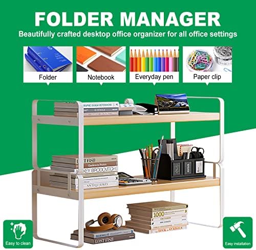 YGYQZ Desk Shelf Organizer, 2-Tier Desktop Bookshelf, White & Wood - Image 5