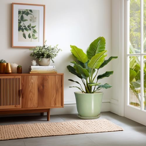 Ceramic Planter - 12 Inch Plant Pot for Indoor Outdoor, Round Planter with Drainage Hole and Saucer, Large Plant Pot, Modern Flower Pots, Home Garden Apartment Decor, Gardening Gifts, Green - Image 6