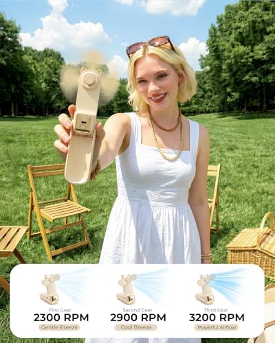 FrSara Portable Handheld Fan, Small Rechargeable Personal Mini Fan, Summer Travel Essentials with 3-Speed, 2000mAh, Great for Outdoor, Makeup, Ideal Gift for Girls, Ladies, Teens, Birthday, Beige - Image 4