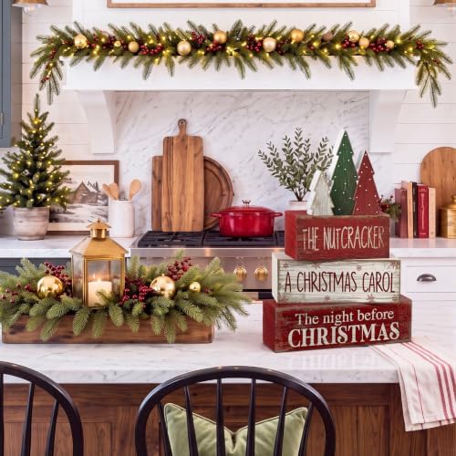 Moucuny 4 Pcs Christmas Table Decorations Rustic Christmas Tree Stacked Wooden Signs Decor Red Green and White Winter Tiered Tray Decor Xmas Table Centerpiece Farmhouse for Home Kitchen Shelf - Image 6