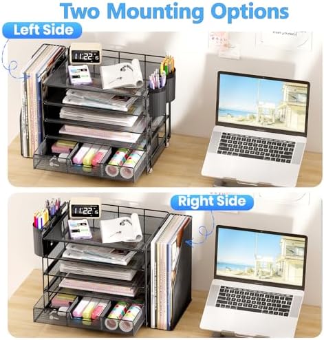 OPNICE Desk Organizer, 5-Tier Desktop File Organizer with Drawer and Pen Holders, Office Desk Accessories, File Sorters, Workspace Organizers for Office Supplies(Black) - Image 3