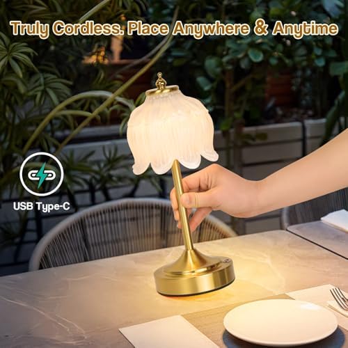 Cordless Table Lamp, Rechargeable White Glass Lotus Flower Lamp - Image 2