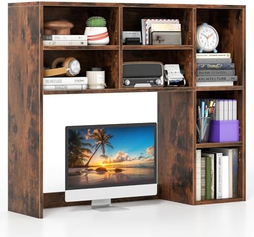 Giantex Desktop Bookshelf, Desk Hutch Dorm w/ 7 Cubes & 3 Adjustable Shelves, Desk Shelf for Up to 27" Computer Monitors, Wooden Desktop Storage Organizer for Dorm College Office Home, Rustic Brown by Giantex