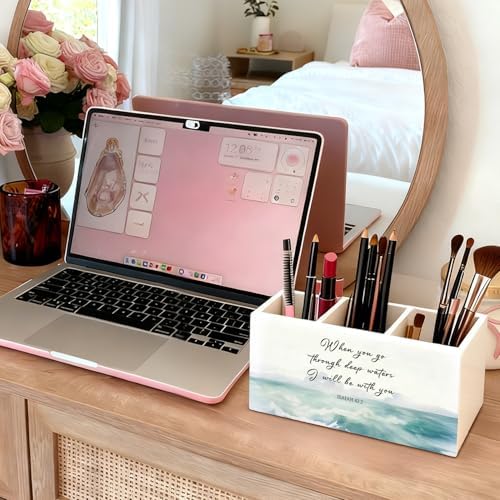 Christian Pen Holder, Christian Gifts for Women Pencil Holder for Desk, Beach Office Decor, Religious Bible Verse Coastal Ocean Wooden Box Sign Decorations for Home Office Desk Tabletop - Image 5