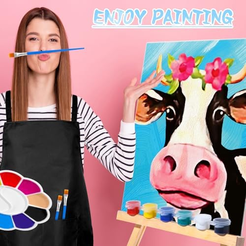 Motipuns 6 Set Pre Drawn Canvas for Painting for Adults Sip and Paint Kit with Easels 8 x 10 Inches Paint Party Kit with Printed Canvas Paints Brushes Palette Apron(Cow) - Image 4