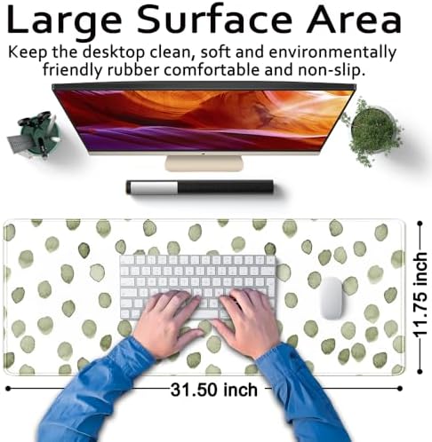 Cute Polka Dot Minimalist Green Keyboard Pad Simple & Atmospheric Desk Mat XL Large Mouse Pad for Women Office Desk Decor Desk Pad with Stitched Edges 31.5x11.8in, Computer Laptop Pad Gaming Mousepad - Image 6