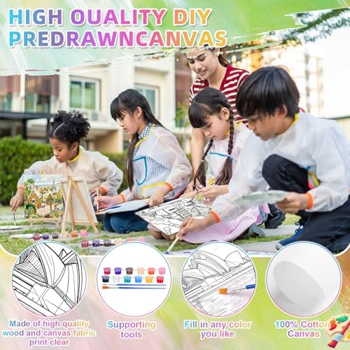 Supervitae 72 Piece Boho City Round Pre Drawn Canvas Kit 5.9" Paint and Sip Kit for Adults Painting Party Pre Printed Canvas DIY with Pictures Paints Easels Brushes for Party Gifts - Image 3