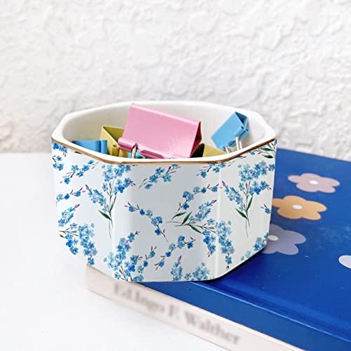 Ceramic Paper Clip Holder Gold Line Paper Clip Dispenser Organizer for Desk Cute Floral Pattern Office Binder Clip Holder Bobby Pin and Hair Clip Holder Gift for Office Blue Flowers - Image 2
