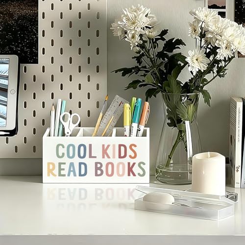 Book Lovers Gifts Pen Holder, Book Reader Gifts Pencil Holder for Desk, Boho Cool Kids Read Books Wooden Box Sign Decorations for Reading Room Corner Nook Classroom Desk Tabletop - Image 2