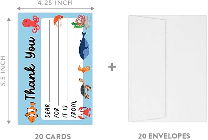 Andaz Press Kids Fill in the Blank Thank You Cards - 20 Cards Including Envelopes Sea Life Fun Gender Neutral Note Cards For Boys Girls Birthday Party Thank You Notes for Friends, Family Party Guests