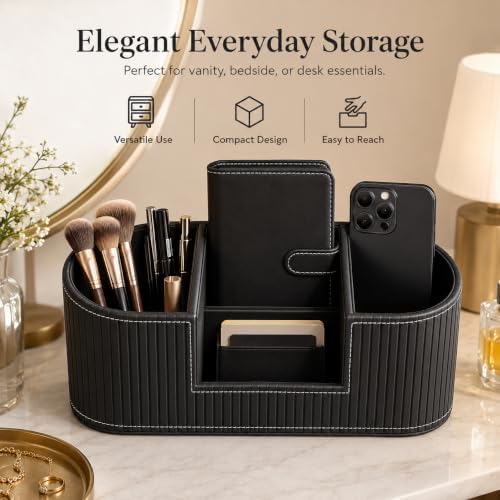 KINGFOM Modern Leather Desk Organizer for Men & Women, Aesthetic Office Desk Accessories Organizer, Faux Leather Vanity Organizer for Pens, Makeup Brushes, Remote Controls, Black Minimalist Desk Decor - Image 7