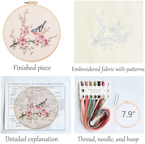 Silentsea Bird & Pink Blossoms Embroidery Kit – All-Inclusive DIY Cross Stitch Set with Pre-Printed Fabric, Threads, Needle, and Hoop for Adults – Perfect for Craft Lovers & Relaxation - Image 2