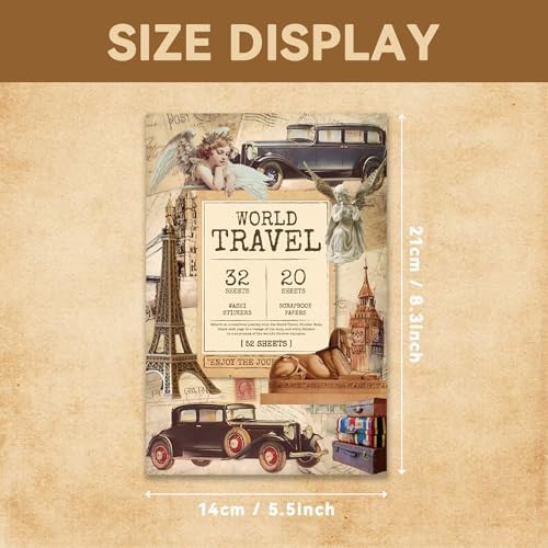 52 Sheets World Travel Stickers & Scrapbook Paper Set - Vintage Travel Themed for Scrapbooking Journaling Junk Journal Planner - Retro Adventure Stickers for DIY Crafts - Image 6