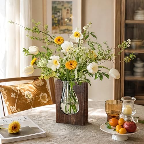 Wood and Glass Inlay Vases Farmhouse Wooden Glass Flower Vase Solid Wood Glass Vase Home Decor Vases for Centerpiece (9.3 Inches) - Image 2