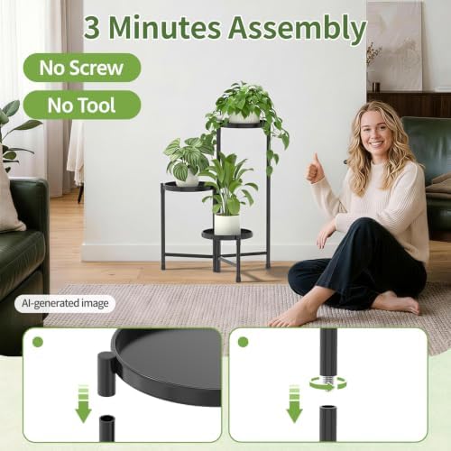LASZOLA Plant Stand Indoor with 10 Inch Large Metal Tray, 3 Tier Black - Image 4