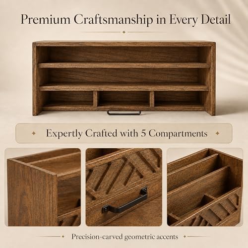 BLU MONACO | Wooden Mail Organizer with Drawer and Compartments | Mail Sorter Organizer Countertop for Desk Entryway | Outgoing Mail Holder Wood Desktop File Storage - Image 6