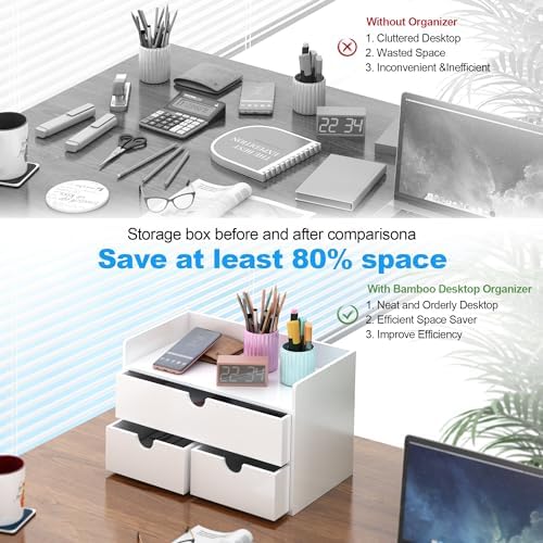 Bamboo Desk Organizer with Drawers Desktop Storage Drawers for Bills Office Supplies Kitchen Utensils Organizing Tool for Home Classroom Organization No Assembly (White with Shelf) - Image 4