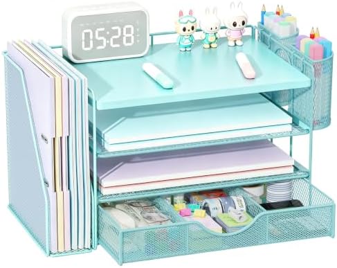 gianotter Wood Desk Organizers and Accessories with File Holder, 4-Tier Desk Accessories & Workspace Organizers with Drawer and 2 Pen Holder, Desk Reference Organizer (Blue, 4T with Metal Drawer) by gianotter