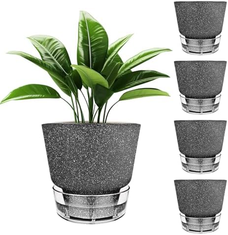 2024 Upgraded 5 Pack 6-Inch Self-Watering Planter Pots with Deep Reservoir for Indoor and Outdoor Plants with Planting Tools (Frosted Black) by HYNZ
