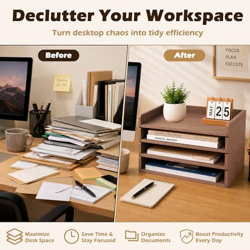 PROLEE 4 Pack Stackable Paper Tray, Wooden Paper Tray Organizer with Letter Tray, Paper Holder for Desk, Desktop File Storage Rack for Study, Home and Office (Oak) - Image 5