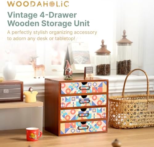 Add Color To Your Desk - MCM Geometric Wooden Desk Organizer - Desktop Storage with 4-Drawer - Wood Cabinet for Office Supplies, Craft Tools, & Home, Countertop, Tabletop Organization - Image 3