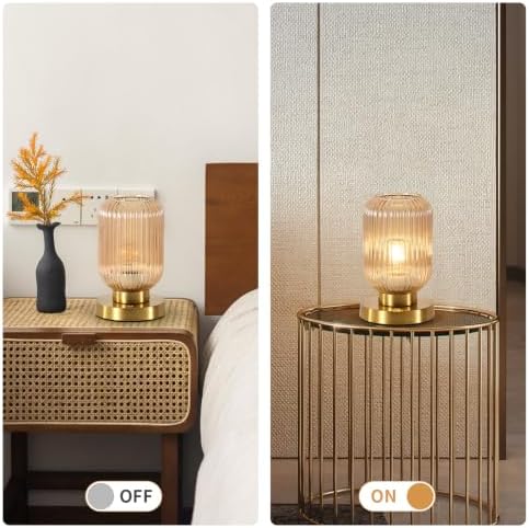 Rechargeable Amber Glass Table Lamp,Vintage Ribbed Bedside Lamp - Image 5