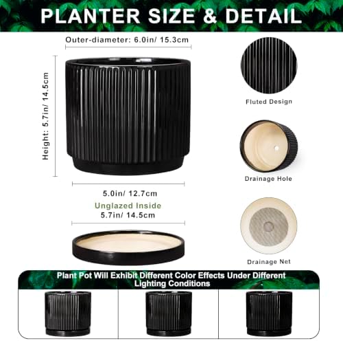 Ceramic Pots for Plants, 6 Inch Plant Pots with Saucer, Black - Image 2