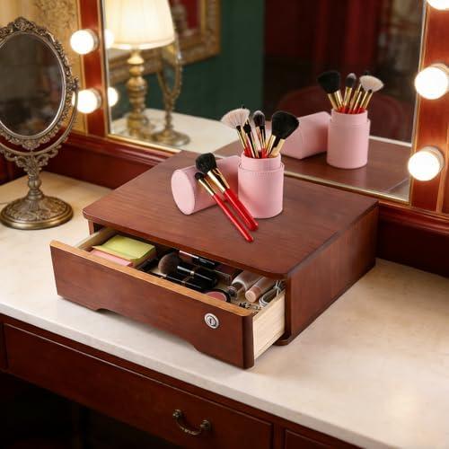 Wooden Desktop Storage Box with Lockable Drawers, Flat File Cabinet Drawer Desktop Storage Box, Countertop Storage Cabinet for Office Home Toiletries Supplies Vanity (Walnut, 1 Drawer) - Image 4