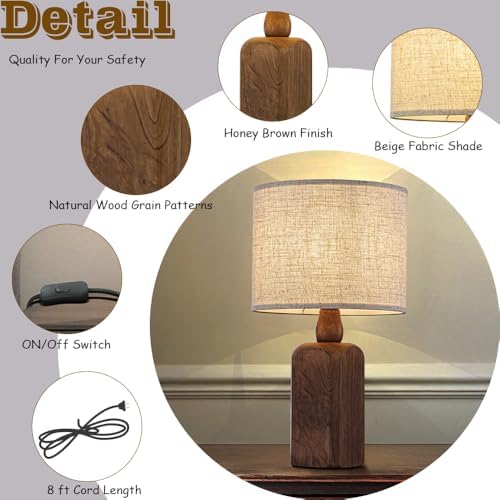 18in Farmhouse Traditional Natural Brown Solid Wood Base Table Lamp with Beige Fabric Shade for Bedroom Living Room - Image 4