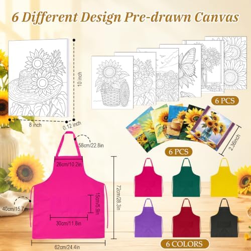 Cholemy 6 Set Paint and Sip Kit for Adults 8"x 10" Pre Drawn Canvas Painting with Wooden Easel Acrylic Paint Wash Cup Brushes Palette Apron for Painting DIY Adult's Date Party Supplies(Sunflower) - Image 3