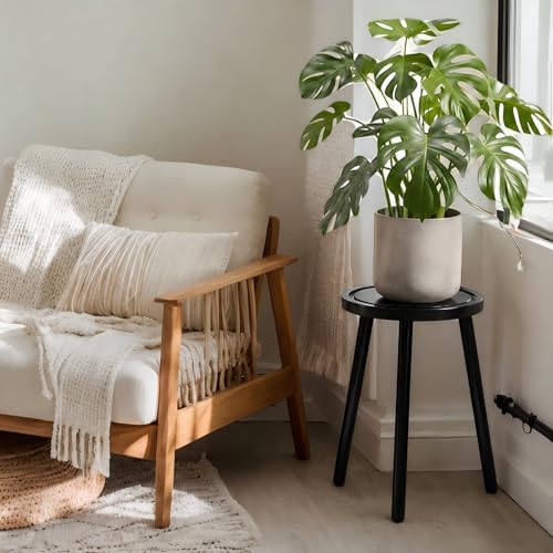 Wood Plant Stands Indoor, 16.7" Tall Plant Stand Outdoor Mid-Century Plant Stool, Single Plant Table Modern Small Round Side/End Table for Living Room, Balcony, Office(Black) - Image 2