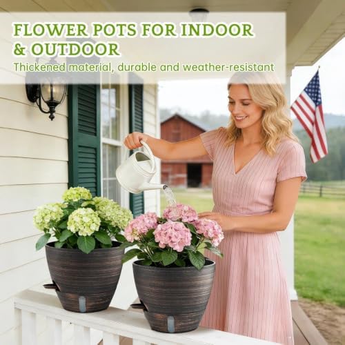 ZMTECH 12 Inch Self Watering Pots for Indoor/Outdoor Plants, 2 Pack Bronze Large Plastic Planter with Water Level Indicator, Drainage Hole & Removable Saucer for Garden Flowers, Deco Plant Container - Image 6