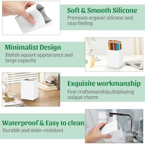 Pen Holder for Desk,Nordic Elegance Square Silicone Pencil Holder Soft Minimalist Desk Pen Cup Stand Waterproof Multifunctional Office Supplies for Home,Kids and School(White) - Image 5