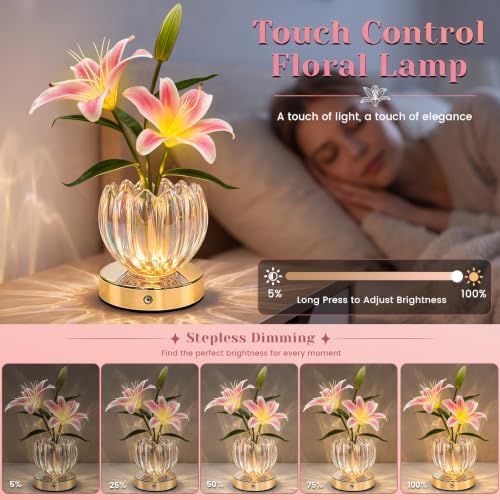 Flower Table Lamp, 3 Color Lily Night Light, Rechargeable Cordless Touch Dimming Artificial Flower Light, LED Flower with Glass Vase Lamp for Girls Women Mom (Pink Lily) - Image 2