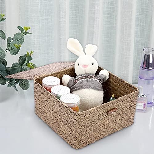 Hipiwe Seagrass Wicker Storage Basket with Lid, Coffee Large 10.6x10.6x5.8" - Image 4