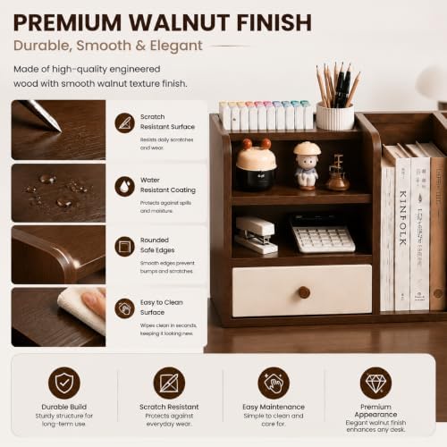 Desktop Organizer with Drawer & Dual File Compartments, Multi-Functional MDF Desk Storage Rack with 3-Tier Shelves and Pen Holder, Space Saving Desk Organizer 22.0×10.6×6.7 Inch for Study Room - Image 4